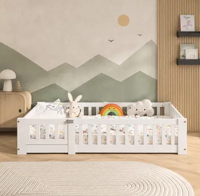 Obrázok produktu pre Postel INONEFT s podstavcom, rozmer 90x200 cm, s bočnicami na ochranu pred pádom, detská postel s odnímateľným bočným panelom, Montessori postel, masívne drevo, bez matraca, biela, Obrázok generovaný UI