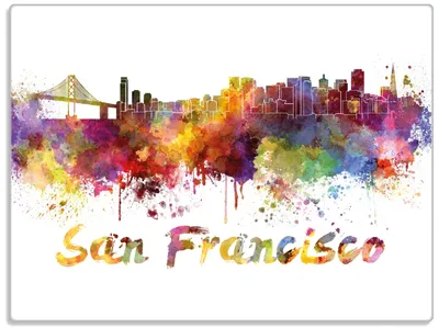 Produktbild von Wallario Glasunterlage, Schneidebrett aus Glas, Größe 30 x 40 cm, Motiv Städte als Aquarell - Skyline von San Francisco
