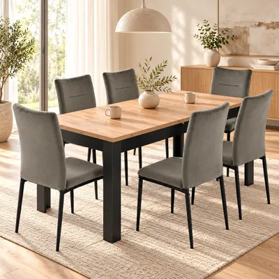 Produktbild von INSPIRO Essgruppe Esstisch ausziehbar C-14 Eiche Artisan/Schwarz + 6 Stühle IK-10 Samt Grau Nr. 15