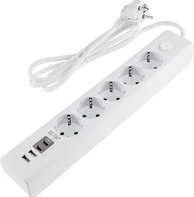 A white power strip with multiple outlets and USB ports is shown on a white background.