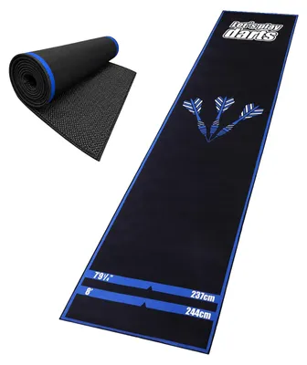 Immagine prodotto di Tappetino per freccette Relaxdays, con linea di lancio, dimensioni 60x260 cm, antiscivolo, protegge il pavimento, realizzato in poliestere e gomma, colore nero e blu