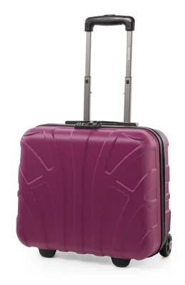 A studio shot of a magenta hard-shell carry-on suitcase with a telescopic handle and two wheels, presented against a white background.