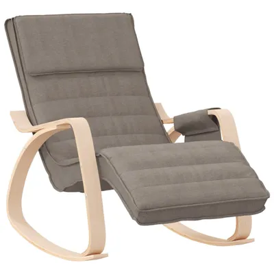A taupe fabric rocking chair with a wooden frame, shown from a front-diagonal angle on a white background.