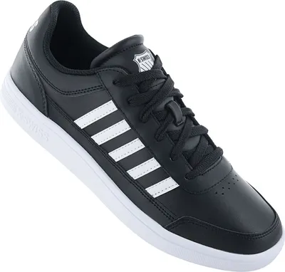 A single black K-Swiss sneaker with white stripes on a white background.