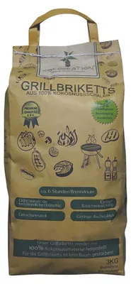 Produktbild von Cocobration 3KG Kokosgrill Briketts Kohle aus Kokos Grillholzkohle Natur Kohle Grillkohle BBQ Kokoskohle Holzkohlegrill ca. 6 Stunden Brenndauer