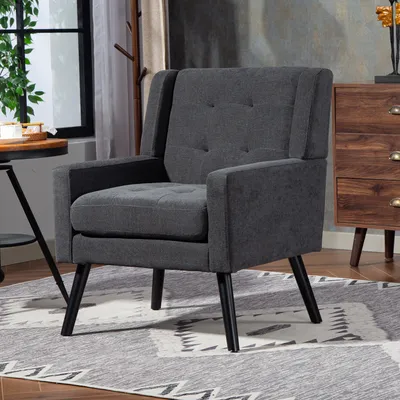 Produktbild von LVHOM Retro Polstersessel mit Holzbeinen, Skandinavischer Lesesessel aus Leinenoptik, Gesteppter Loungesessel für Wohnzimmer, Dunkelgrau