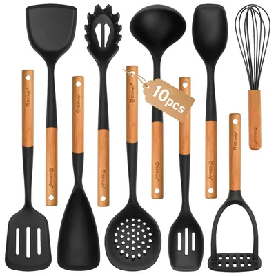 Productafbeelding van Siliconen keukenhulpjes set, 10-delig, met houten handgreep, antiaanbaklaag, hittebestendig, BPA-vrij, zwart