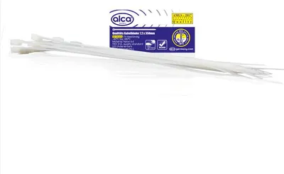 Obrázok produktu pre alca® káblové pásky 7,2*350 mm 50 ks biele 55 kg pevnosť v ťahu odolné voči UV žiareniu na vnútorné a vonkajšie upevnenie káblov nylon odolný voči teplote