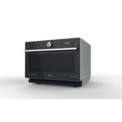 A studio shot of a Whirlpool microwave oven against a white background.
