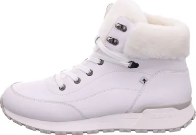 A side view of a white winter boot.