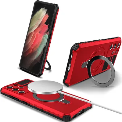 Obrázek produktu pro Pouzdro pro Samsung Galaxy S21 Ultra 5G magnetické s MagSafe, držák prstenu, stojánek, dvouvrstvé ochranné pouzdro červené
