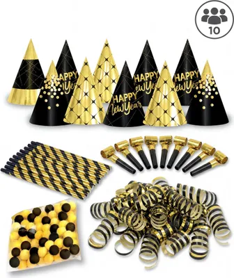 Image de Kit de fête pour le réveillon du Nouvel An, 10 personnes, noir et or - taille unique