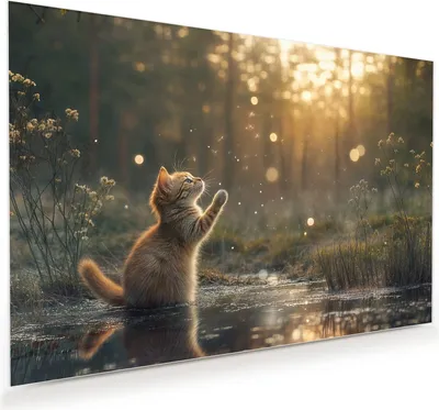 Produktbild von Glasbild 90x60cm in XXL für Wohnzimmer, Schlafzimmer Motiv Katze mit Marienkäfer