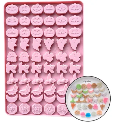 Immagine prodotto di Stampo in silicone a tema Halloween, con 60 cavità per cioccolato e caramelle, decorato con motivi di fantasmi, zucche e pipistrelli