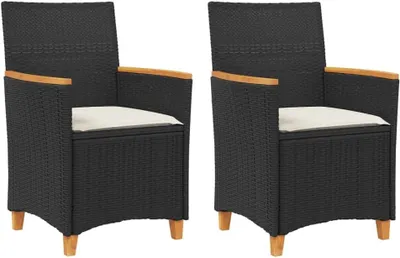 Produktbild von 2er-Set Gartenstühle mit Kissen, schwarz, aus Poly-Rattan und Massivholz für den Garten