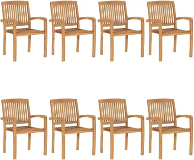 Produktbild von Set mit 8 stapelbaren Gartenstühlen aus massivem Teakholz inklusive Sitzkissen für Terrasse und Balkon