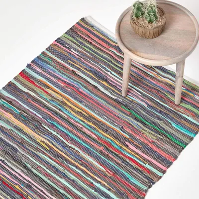 Chindi-Teppich 70x120 cm, handgewebt, bunte Streifen, recycelte Baumwolle