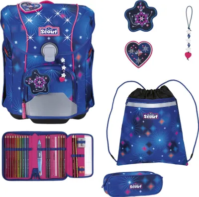 A collage of a school backpack and related accessories, all with a starry night theme.