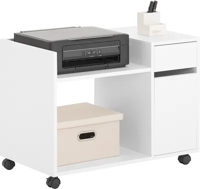 A white mobile cabinet with a printer on top, a box on the lower shelf, and a pen holder on the top right.