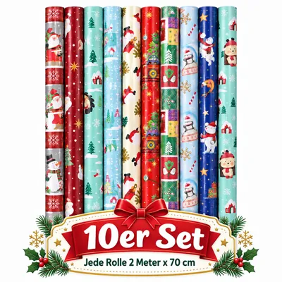 Produktbild von 10 Rollen Geschenkpapier für Kinder je Rolle 2 Meter x 70 cm - Kinderpapier - Kindergeschenkpapier Weihnachten - Geschenkverpackung Weihnachten Kinder
