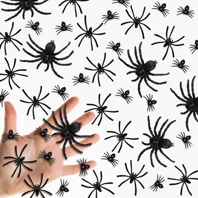 Image de Lot de 100 araignées d'Halloween en plastique noir, aspect réaliste, pour s'amuser à Halloween