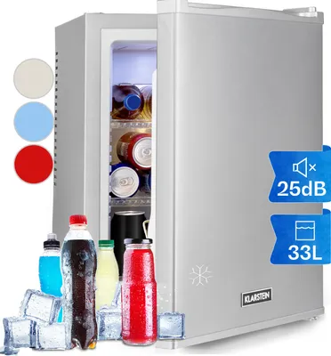 A mini refrigerator with drinks and ice cubes in front of it, with color options shown on the left.
