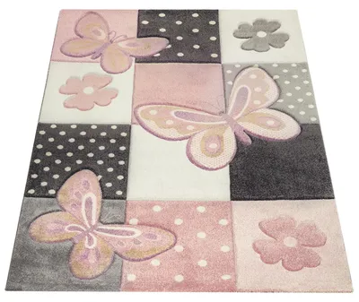 Produktbild von Kinder Teppich Kinderzimmer Bunt Rosa Schmetterlinge Karo Muster Punkte Blumen Grösse 200x290 cm