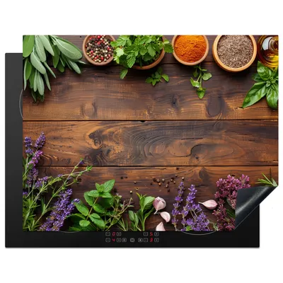 Produktbild von KitchenYeah© Herdabdeckplatte Kräuter - Gewürze - Holz , 77x59cm, Küche Deko, Glaskeramikkochfeld Herdabdeckung, Abdeckplatte fùr Kochfeld