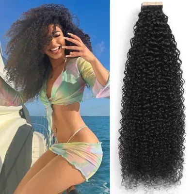 Productafbeelding van Haarverlengingen van echt haar, krullend, zwart, 24 inch, 40 stuks, 100 gram