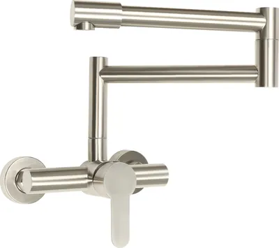 A brushed nickel pot filler faucet is shown against a white background.