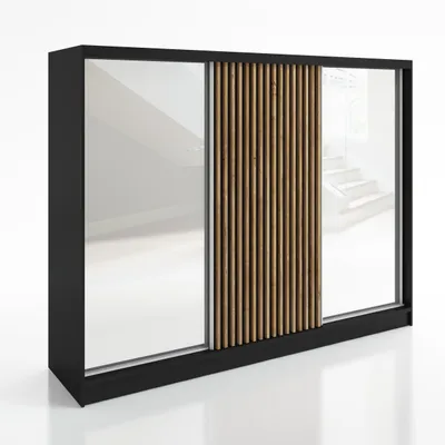 Produktbild von Schwebetürenschrank DIVER , 3-türig Schrank 200 cm Kleiderschrank mit 4 Schubladen, und 3D-Lamellen. Farbe: Schwarz