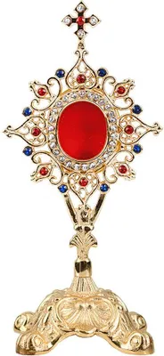 Produktbild von Monstranz Reliquiar H 24cm mit Steinen Golden Reliquienhalter Hausaltar Neu 2844