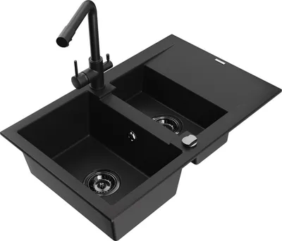 Produktbild von Mexen Gaspar 1,5-Becken-Granitspüle mit Abtropffläche und Mischbatterie Duero, Schwarz - 6507-77-671600-70-B