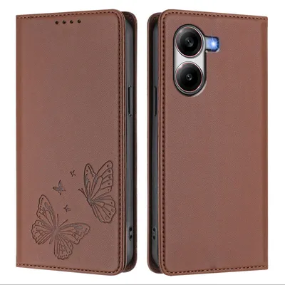Produktbild von Lederhülle für Xiaomi Poco X7 Pro, Schmetterling Prägung Leder Brieftasche Schutzhülle mit Ständer Braun