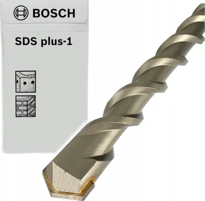 A Bosch SDS-plus drill bit is shown next to its packaging.