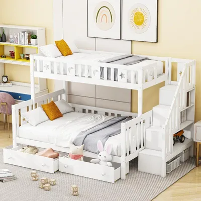Image de Lit superposé pour enfant, modèle mezzanine avec escalier et 2 tiroirs, dimensions 90x200 cm et 140x200 cm, couleur blanche