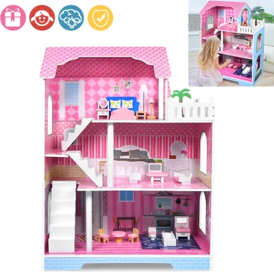 Image de XINZI Maison de poupées en bois avec meubles,Kit de jeu villa de poupées princesse,Simulateur de maison de poupées rose pour enfants de 3 ans et plus,Jeu de puzzle,Scénario(100x36x70cm)