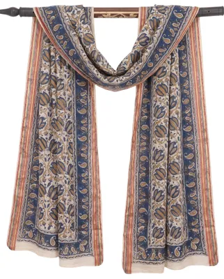 Produktbild von Leichter Pareo Schal, Sarong, Handbedrucktes Baumwolltuch, Lungi mit Webbordüre - Dunkelblau/beige, Uni, Baumwolle, 190*120 cm, Sarongs & Tücher