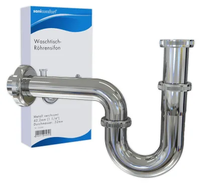Produktbild von sanicomfort Waschtisch Röhrensiphon 42,4 mm (1 1/4") x 32 mm – verchromter Edelstahl, inkl. Rosette – Universal Siphon für Waschbecken & Waschtisch, Geruchsverschluss, Abflussgarnitur