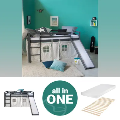 Produktbild von Homestyle4u Kinder Hochbett 90x200 grau mit Matratze Lattenrost Rutsche