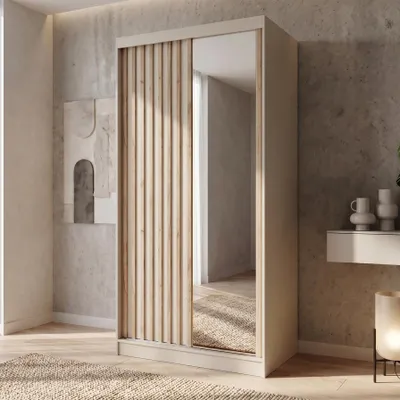 Produktbild von BEAUTYSOFA | Kleiderschrank DONATELLO 100 cm Kaschmir/Artisan mit Spiegel und Lamellen Schwebetürenschrank modern