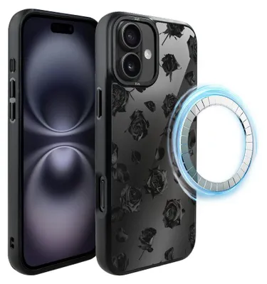 Zdjęcie produktu dla Etui do iPhone 16, kompatybilne z MagSafe, czarne matowe boki, czarne róże