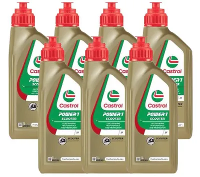 A group of Castrol Power 1 Scooter 2T oil bottles.