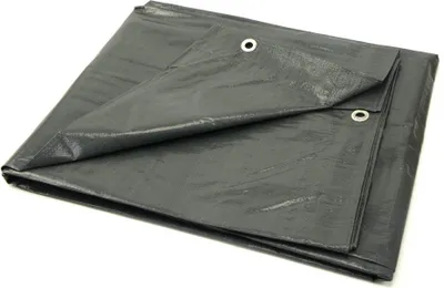 A folded gray tarp is shown against a white background.
