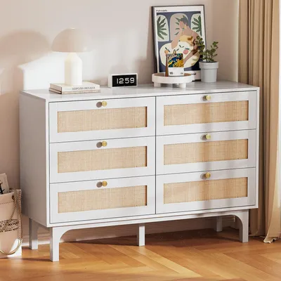 Image de FCH Commode 6 tiroirs en rotin, commode boho pour chambre à coucher, 120 x 40 x 85cm