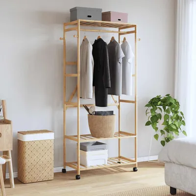 Zdjęcie produktu dla vidaXL Wieszak na ubrania z półkami i kółkami 90x40x179,5 cm bambusowy