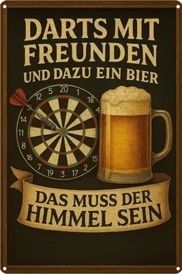 Produktbild von Blechschild AstraDesign 20x30 cm „Darts mit Freunden und Bier“ – Metallschild Wanddeko, Schild, Geschenkidee