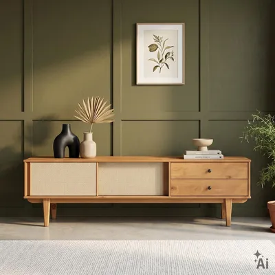 Produktbild von Lowboard SIMONA 175 cm mit Rattangeflecht aus Massivholz, Eiche Finish – TV-Board im Mid-Century Design, Lowboard mit 2 Schubladen und Schiebetüren, Retro TV-Schrank für das Wohnzimmer