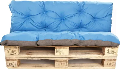 A blue and gray cushion set on a wooden pallet.
