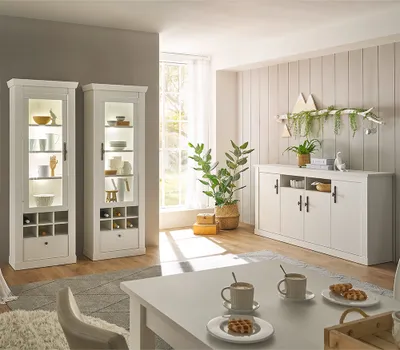 Produktbild von Esszimmer Set mit Beleuchtung, Pinie weiß im Landhaus-Stil, 3-teilig - RAPLA-61
